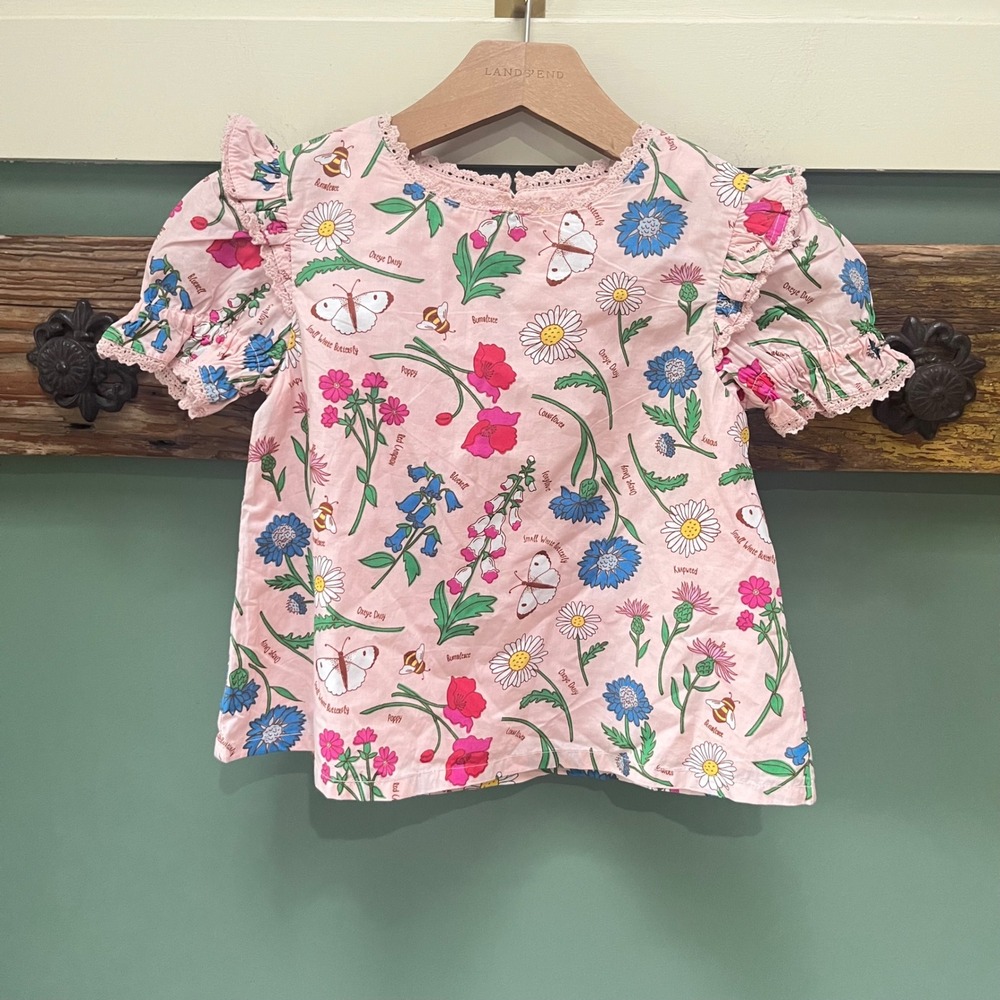 Mini Boden Girls Pink Botanical Wildflower Butterfly Flutter Sleeve Blouse 4-5Y